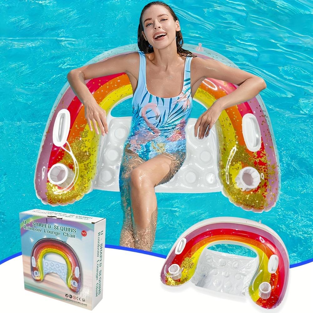 1pc Inflatable U-Shaped Rainbow Glitter Toy ,Water Lounger Sofa, Foldable Floating Bed, Suitable For Pool Party,gift,outdoor