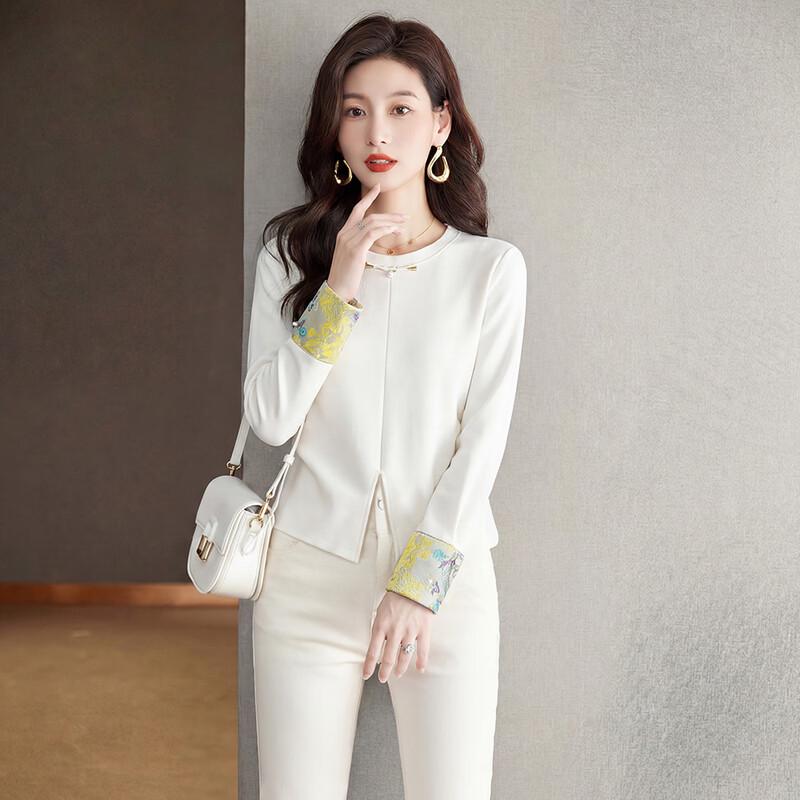 Women s Retro New Chinese Style Disc Button Front Slit T-Shirt XXL