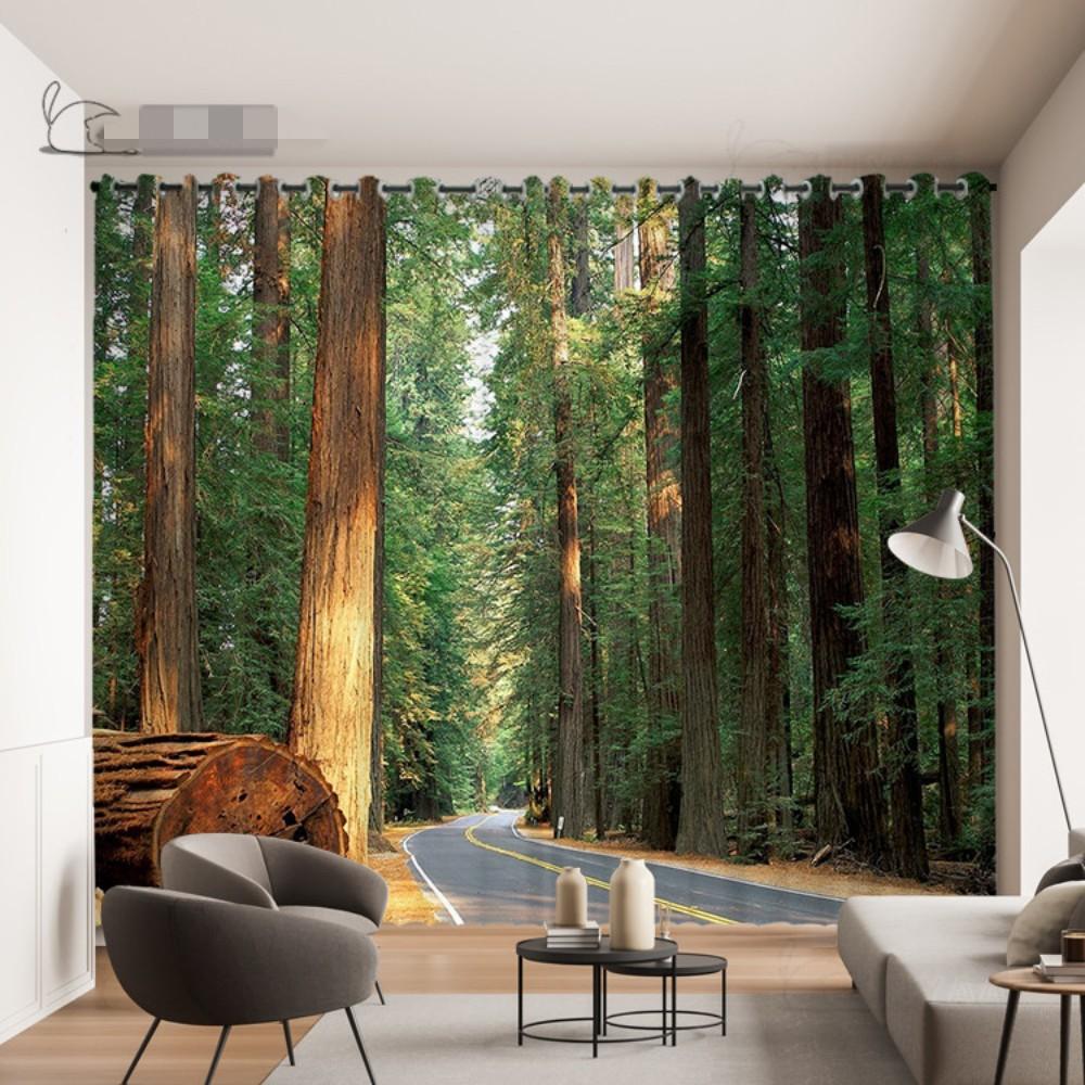 2 Panel Custom Forest Curtain Visual Extension Highway Curtain 3D Space Forest Tree Green Scenic Living Room Windows Curtain