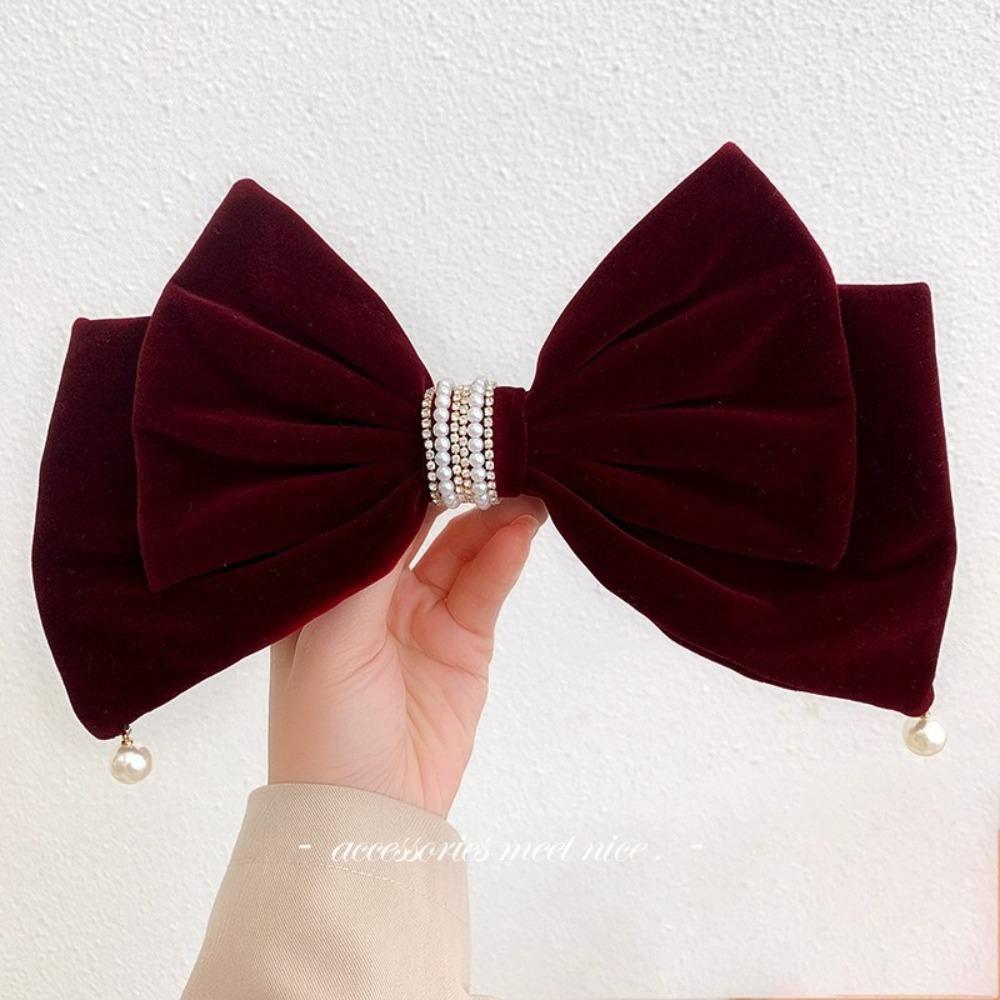 Cloth Bowknot Spring Clip Rhinestone New Year Hairpin Red Velvet Bow Hair Clip Ponytail Holder
