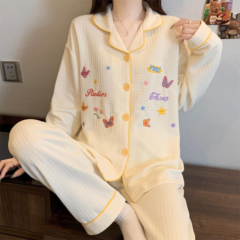 Air cotton pajamas women's autumn and winter long sleeves thickened interlayer warm stars cat student loungewear real shot