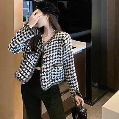 Tausend-Vogel-Karomuster Jacke Damen Strickjacken Uni Pullover Neu Frühling Herbst Kurze Jacke Vielseitige Mode Temperament Top Trend