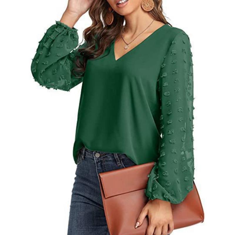 Women S V Neck Long Sleeve Chiffon Blouse Jacquard Loose Top