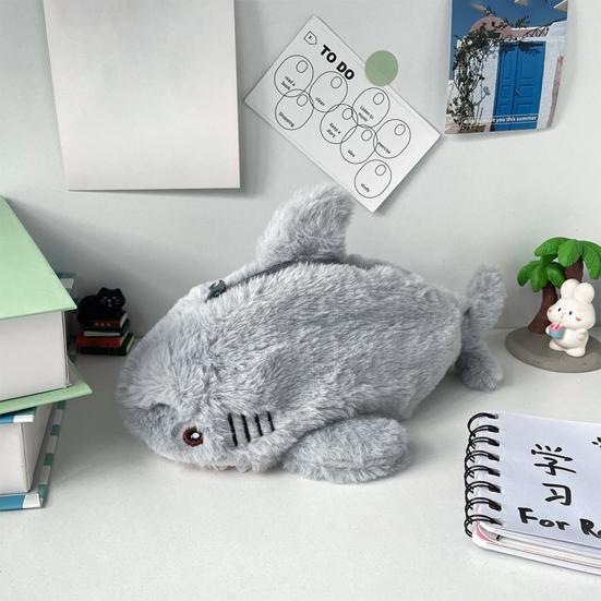 Cute Shark Pencil Case Large Capacity Plush Stationery Bag Gray Shark Design Soft Touch Pencil Holder for School Office Cosmetic Storage Pouch