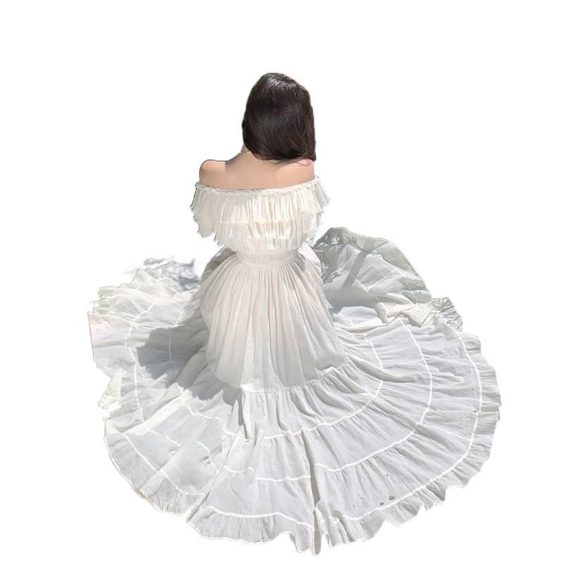 French unique super good-looking one-word shoulder waist dress women's 2026 summer design sense niche big pendulum long skirt