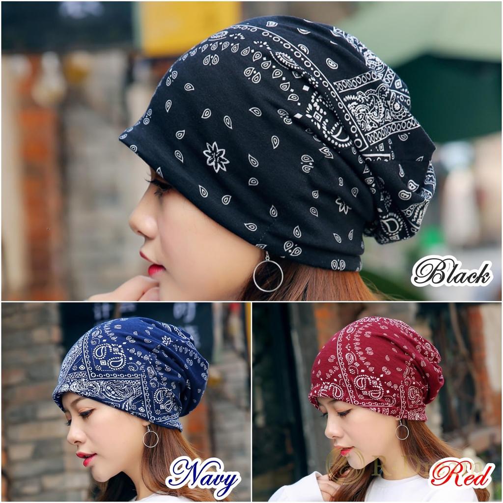 Paisley Print Hair Sun Cancer Openwork for Women Black 1 R-Dream Cap, Turban, Protection, Care, Chemotherapy, Thin, Breathable, Knit, (1 + Navy)