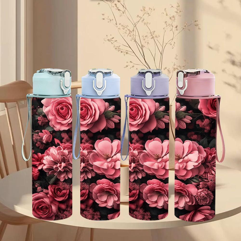 1PC Deep Red Rose Floral Cluster Print 750ml Color Plastic Sports Water Bottle Leakproof Flip Straw Lid Suitable for Sports Office Home Use