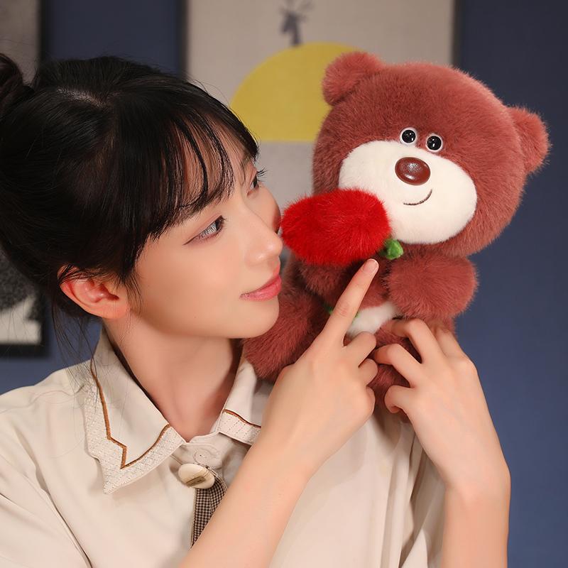 Kawaii Bear Holding Rose Plush Toy Soft Stuffed Bear Doll Home Decoration Romantic Valentine's Day Gift for Lover High Quality