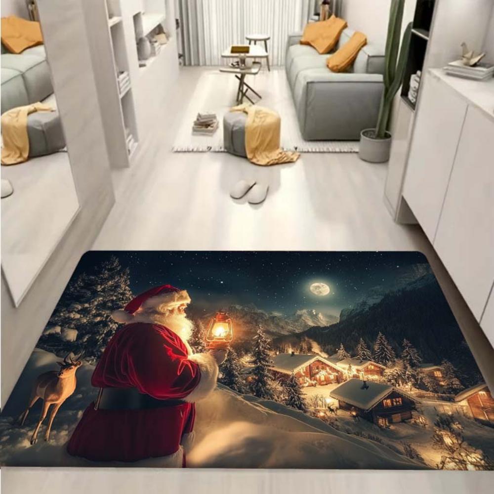Festive Home Decor Christmas Town Carpet Large Floor Mat With Santa Claus Reindeer Elves Graphic Prints Winter Area Rug