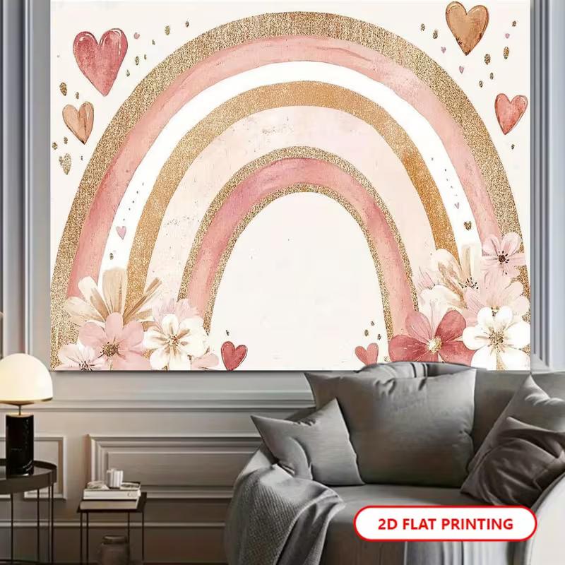2D Blush Pink Gold Glitter Rainbow Backdrop with Flowers and Hearts Photography Background 47.2x31.5inch/120*80cm