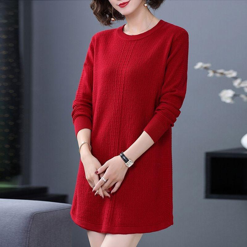Mid-length Sweater Dress Solid Color Loose Knitted Sweater for Women Casual Long-sleeved Pullover Autumn and Winter