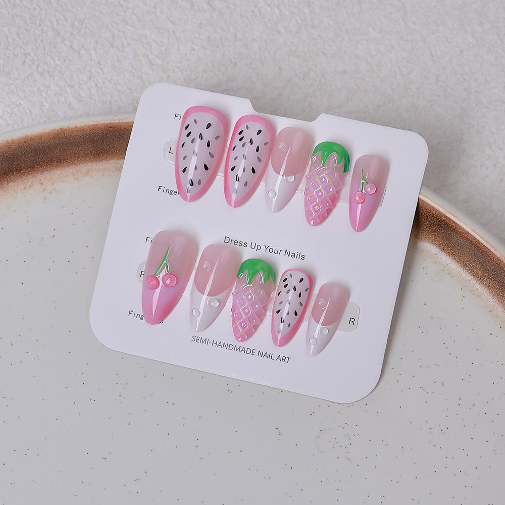 Französische Sommerfrüchte Nagelkunst: 24 Stück 3D Kirsch-Mandel-Press-On-Nägel