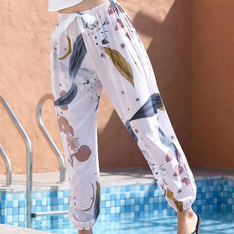 Pantaloni de vară pentru femei, din mătase, din bumbac, anti-țânțari, pentru plajă – pantaloni largi, casual de pijama