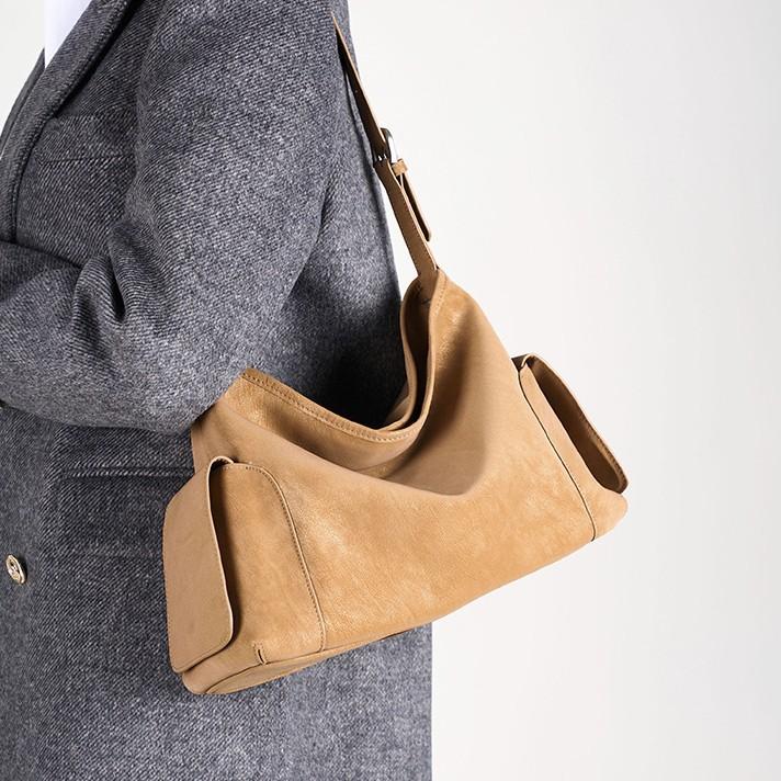 Fur pearlescent vegetable tanned leather Xiaoyao hobo bag retro large capacity one-shoulder crossbody bag female niche commuter tote bag