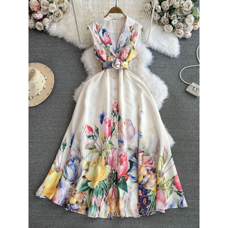 

Fancy Accessible Luxury Ladies Elegance Sleeveless Suit Collar Waist Single-Breasted A- line Positioning Print Dress Dress Apricot S