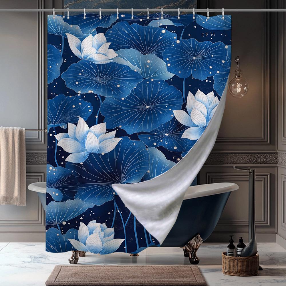 

Blue Lotus Shower Curtain - Dark Blue Starry Night Design, White Veins, Polyester, Bathroom Decor W60H190(CM)-1 Pcs