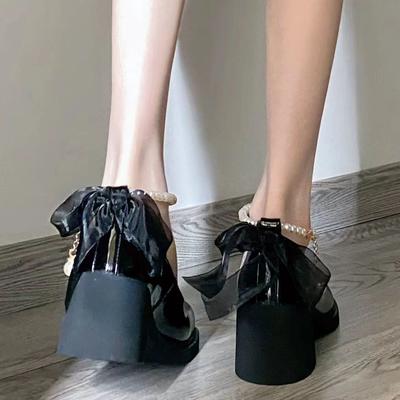 Mary Jane Small Leather Shoes Women's Spring and Autumn New Pearl Bow Ribbon High Heels Single Shoes