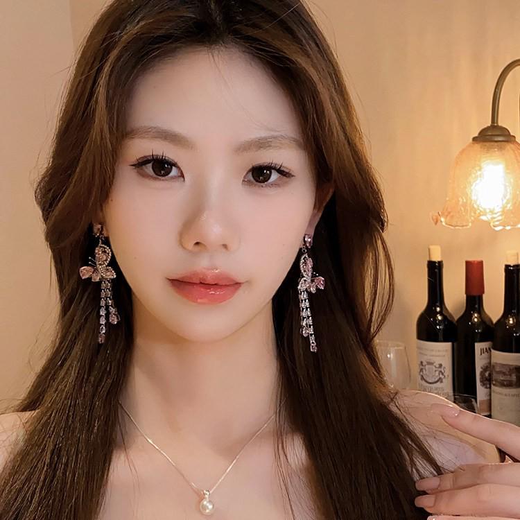 Silver Needle Butterfly Zircon Water Drop Tassel Earrings: Luxurious High-End Studs with Fashionable Precision