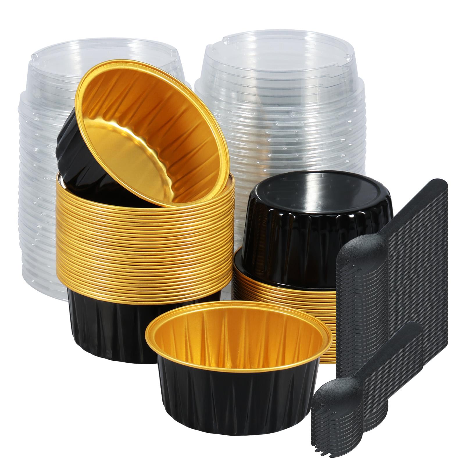 

50Pcs 5oz Mini Baking Cups Aluminium Foil Cake Pans with Lids Spoons Heat Resistant Cupcake Muffin Liners for Gatherings Parties