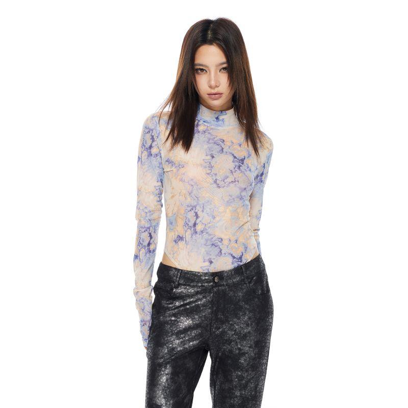 Thelight24 Early Autumn New Arrival Midriff Outfit Long Sleeves Mesh T-shirt Women's Small Turtleneck Sun Protection Shirt Tie-Dye Print Sexy