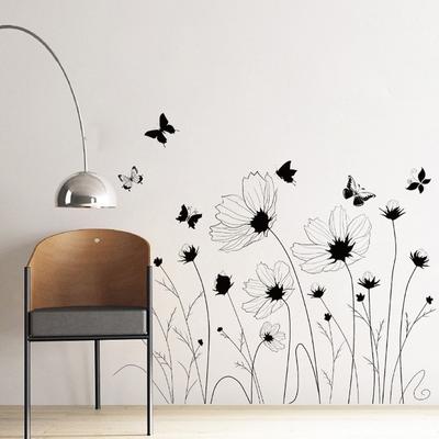 Neue schwarze Blumen Schmetterling Wandaufkleber Wohnzimmer Schlafzimmer Kopfteil Hintergrund Wandbild Blumen Poster dekorative Tapetenkunst