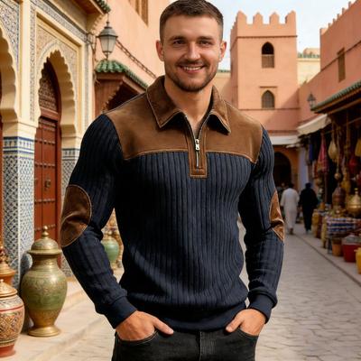 Camisa Masculina com Zíper Parcial Manga Longa Gola Lapela Pulôver Color Block Jacquard Moletom com Joelheiras para Uso Diário na Rua