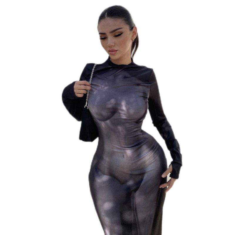 2024 Spring Women's Clothes New Fashion 3D Human Body Print Round Neck Long Sleeves Silm Bodycon Dress