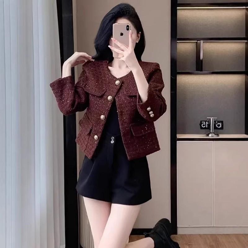 2026 Womens Short Tweed Blazer With Sequins Chic French Style Cropped Jacket Petite Figures