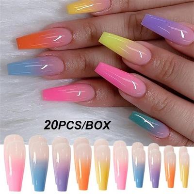 20 bucăți/cutie DIY acoperire completă vârfuri de unghii false unghii false curcubeu gradient culoare bomboane unghii false trapezoidale unghii super lungi rezistente la uzură de balet