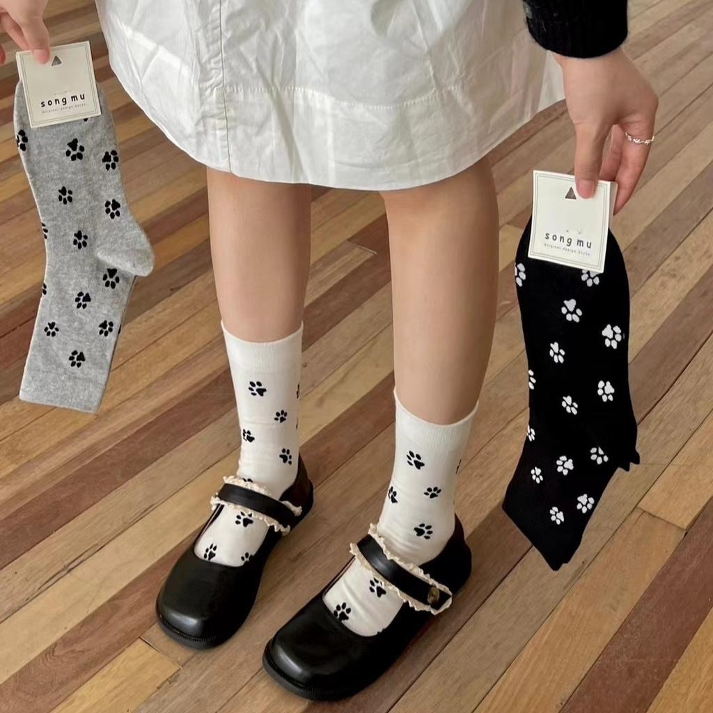 3 Pairs Cute Cartoon Dog Paws Socks - All-Match Middle Tube Korean Style College Socks for Women