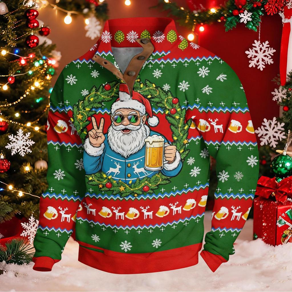 Men's Christmas Novelty Print Long Sleeve Button Placket Pullover Sweatshirt for Winter