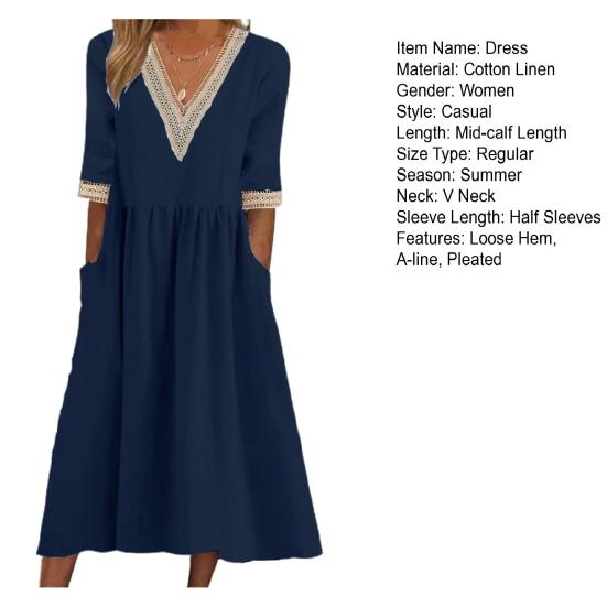 Women Midi Dress Half Sleeves V Neck Cutout Patchwork Pleated Daily Wear A-line