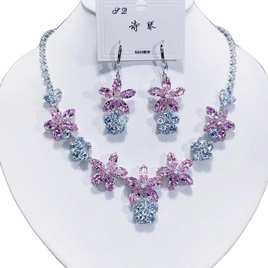 Super Flash Pink and Blue Contrasting Color Flash Diamond Flower Necklace Earrings Fashionable Versatile Temperament Unique High-end Design Set