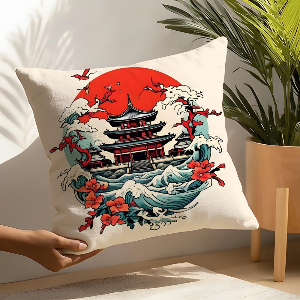 Retro Japanese Pagoda Landscape 4 Pillow Case Linen Cushion Covers For Decorative Sofa Home Pillows Case Car Chair Pillows Cases