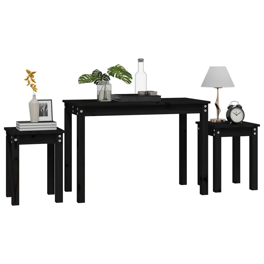 Vidaxl Nesting Tables, 3 Pcs, Black, Solid Pine Wood