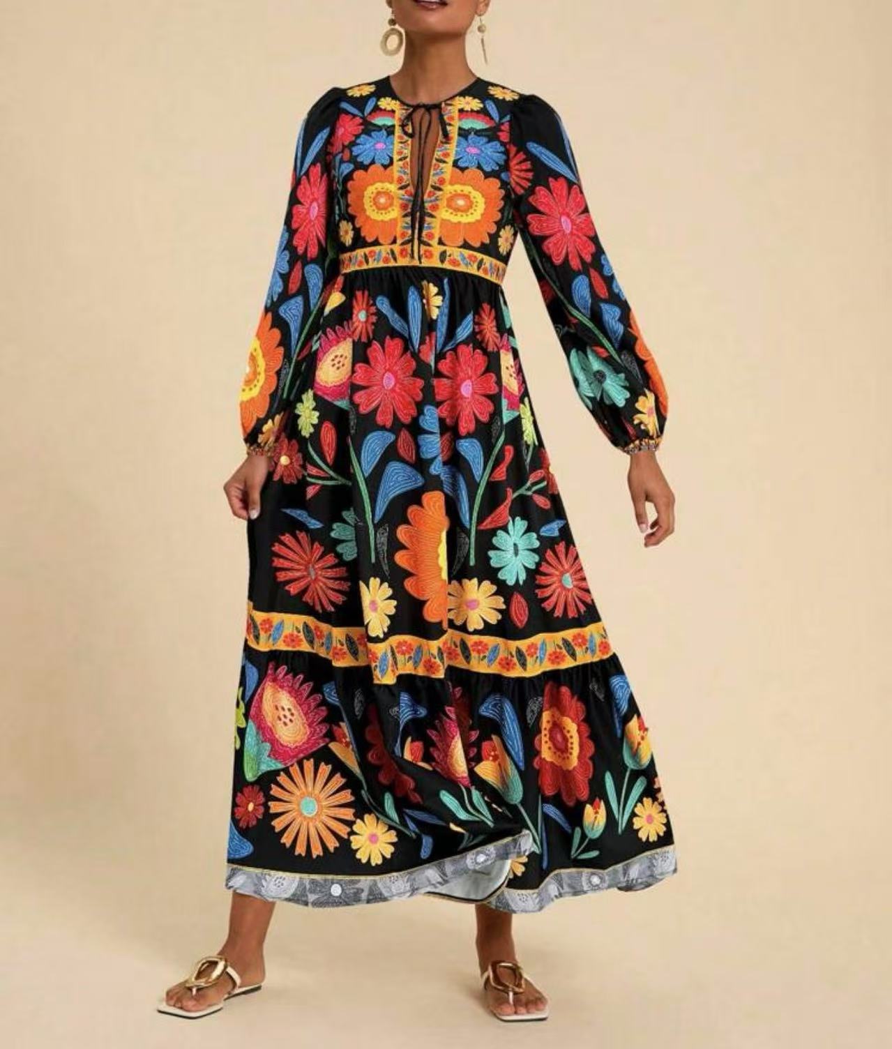 2026 popular hot-selling printed pendulum skirt long-sleeved lace-up casual dress S