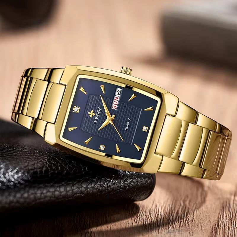 WWOOR Luxury Business Men Watches Gold Quartz Stainless Steel Sport Clock Waterproof Week and Date Wrist Watches