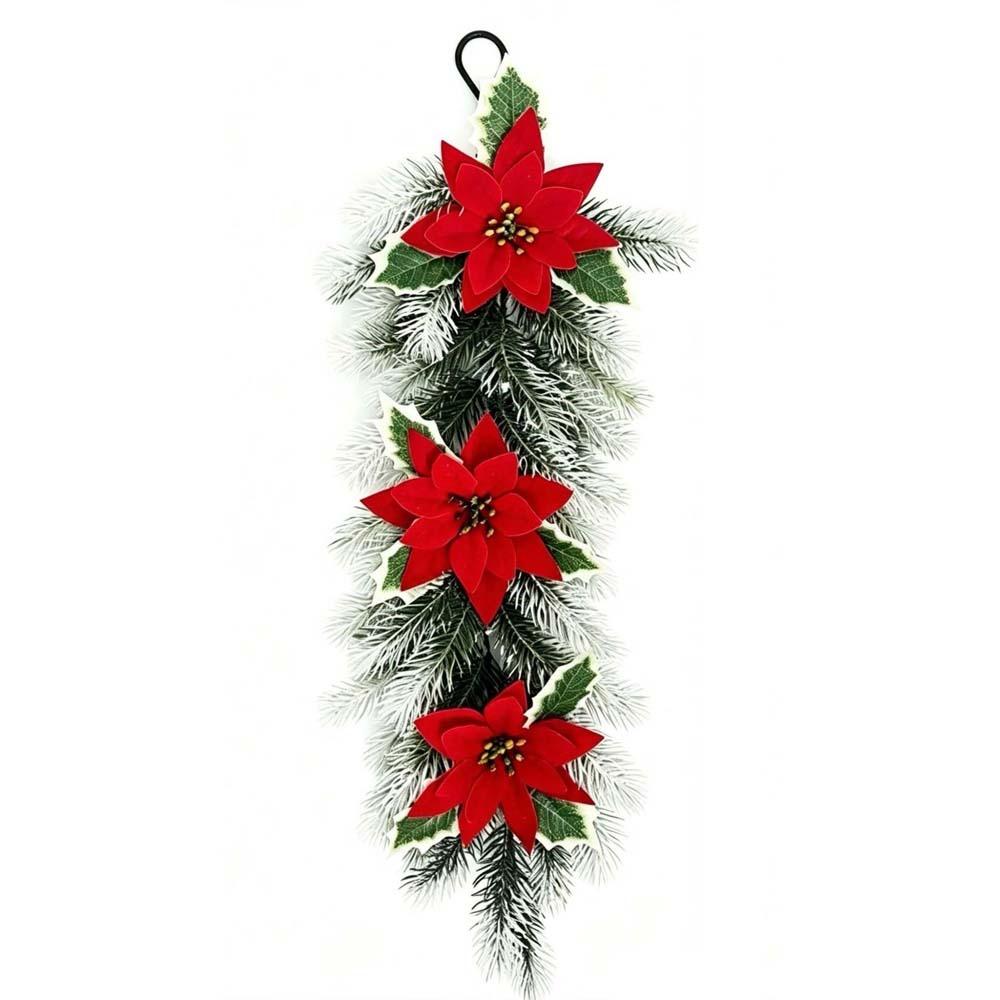 Red Berries Christmas Door Swag Poinsettia Blossoms Teardrop Shape Holiday Hanging Ornaments Durable Quality Vibrant Colors