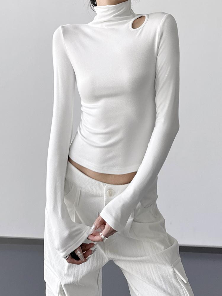 Women's Slim Fit Velvet Turtleneck Long Sleeve T-Shirt, Gray, 2025 Spring/Autumn/Winter Collection.