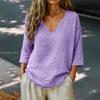 Women's Relaxed Fit V Neck Linen Cotton Three Quarter Sleeve Casual Blouse Top for Everyday Wear and Comfort