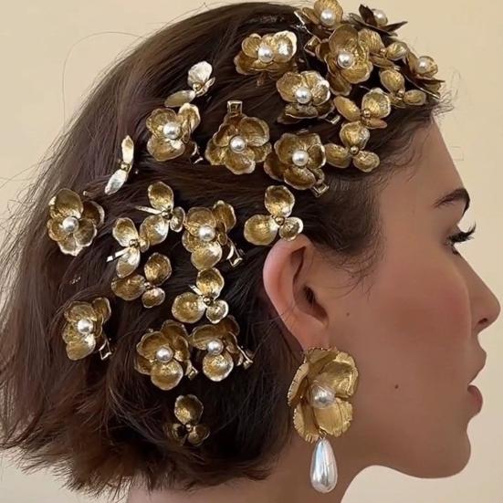 Women Hairpin Imitation Pearl Flower Decor Hair Clip French Retro Style Side Bang Hair Pin Hair Accessories