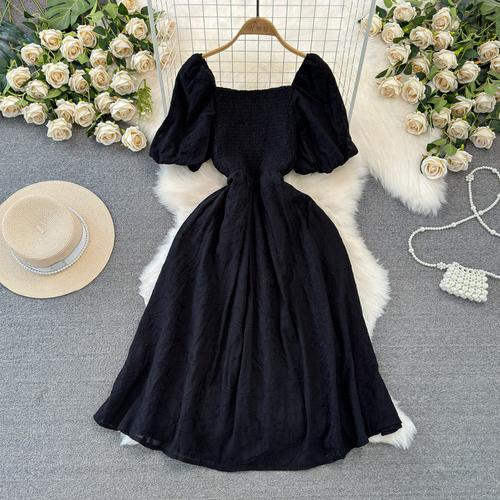Fashion Dress for Women Square Collar Puff Sleeve A-line Floral Texture Vestido Womens Solid Color Folds Dresses Summer Dropship