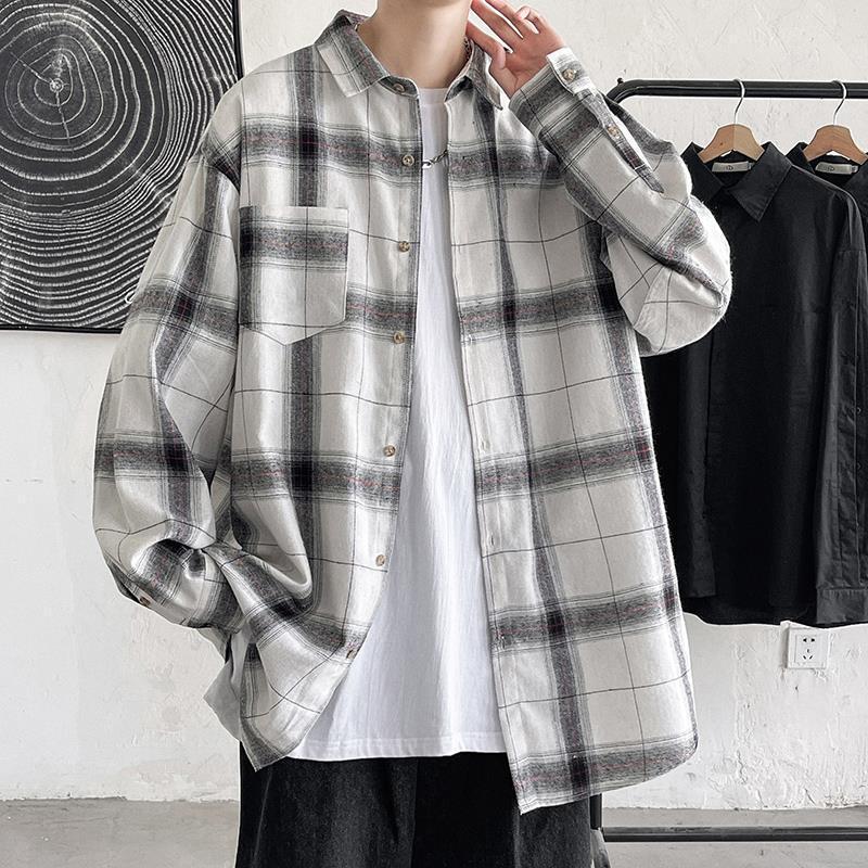 

Мужская винтажная клетчатая рубашка: Повседневная куртка в гонконгском стиле, корейский тренд, свободный крой для весны и осени, уличный стиль, доступны большие размеры XL: 130 to 145 jin