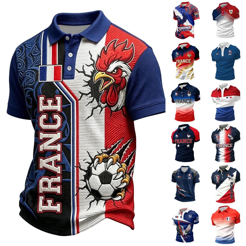 Unisex Casual Short Sleeve Polo Shirt France Print Loose Fit Breathable Lightweight Button Collar Top for Everyday Wear
