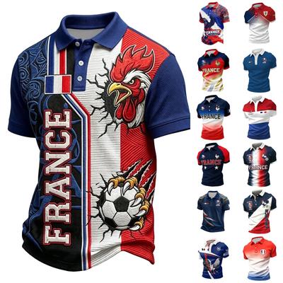 Unisex Casual Short Sleeve Polo Shirt France Print Loose Fit Breathable Lightweight Button Collar Top for Everyday Wear