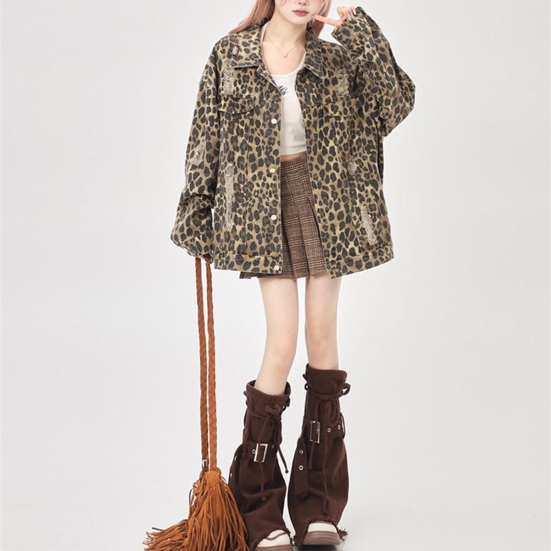 Unisex Leopard Print Denim Jacket - Trendy Turn-Down Collar for Spring and Autumn Workwear