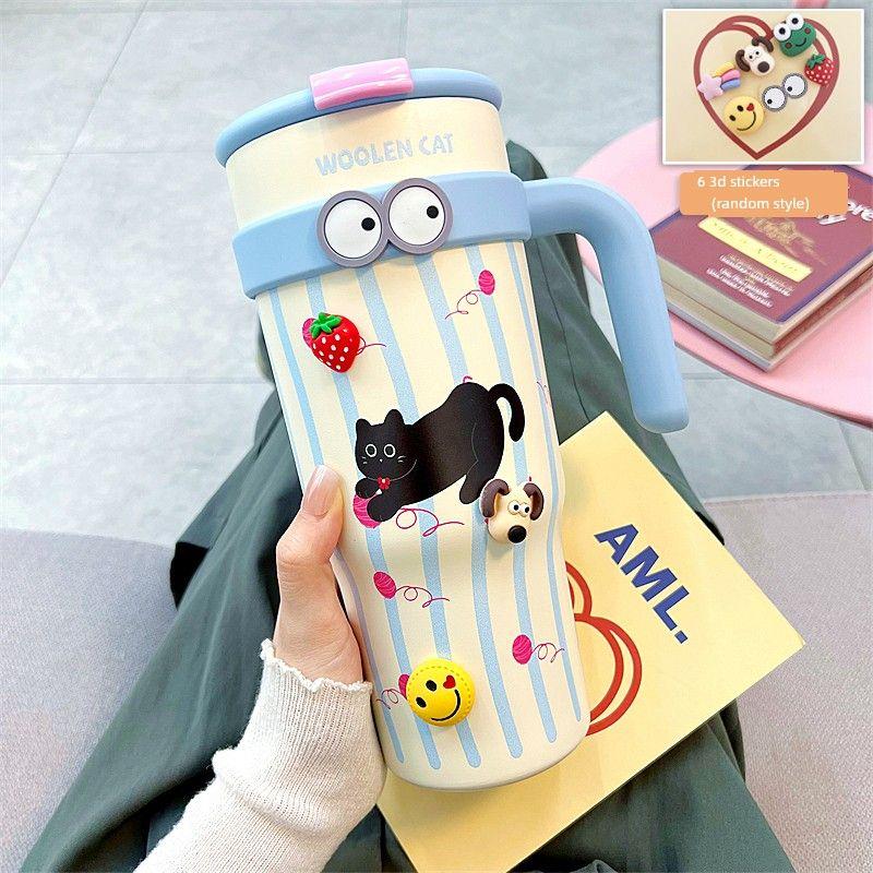 

German Canim Kalse [Cartoon Drinking Cup] Good-looking Large Capacity Vacuum Cup Women s Double Drink Straw Cup Blue Cat 1200ml (Free 3D Sticker + Cup Brush)