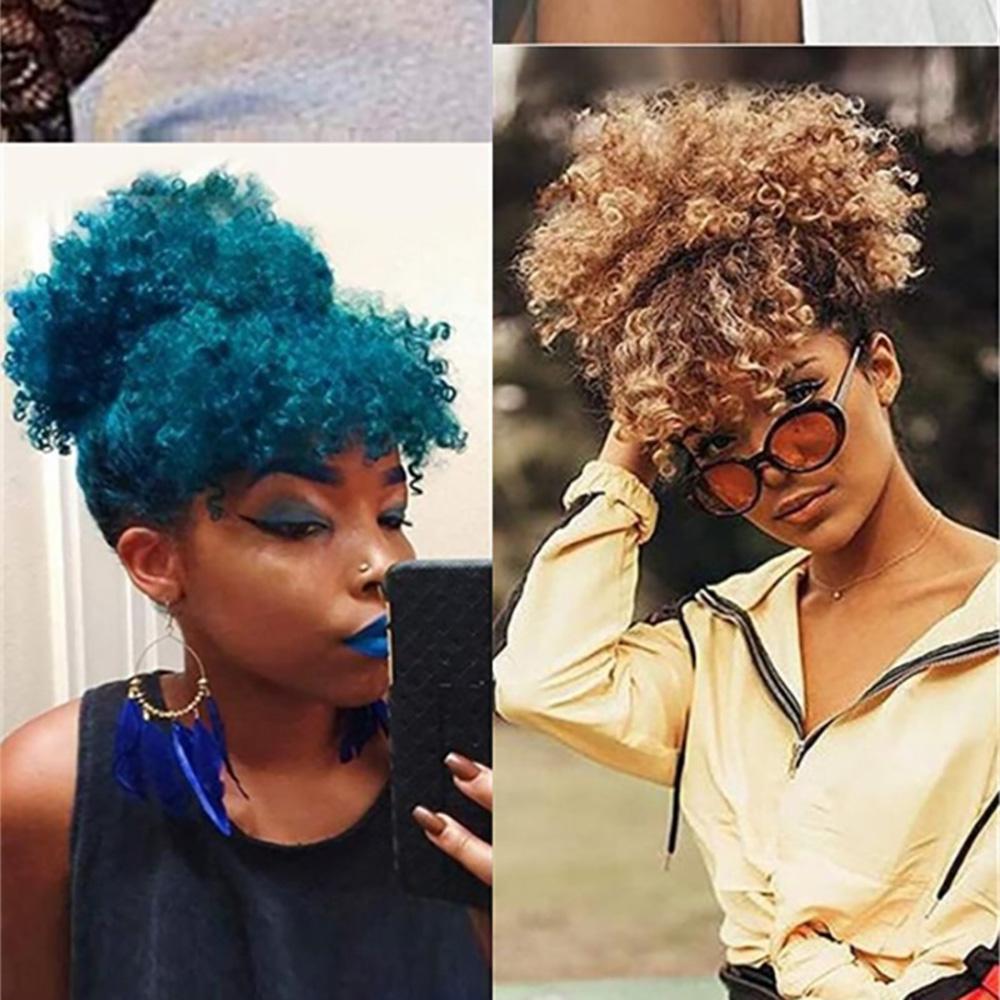 Afro Puff Hair Bun Chignon Drawstring Ponytail with Bangs, Black Kinky Curly Ponytail Bun with Bangs Updo Hairpiece For Women