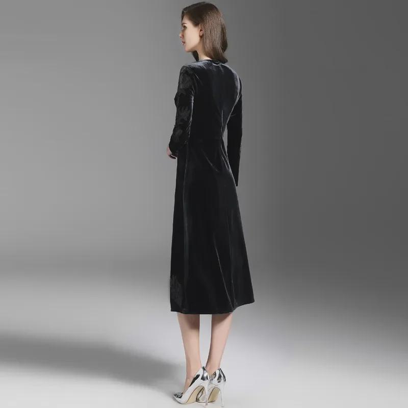 Damska sukienka midi z haftem z złotego aksamitu - Styl koreański