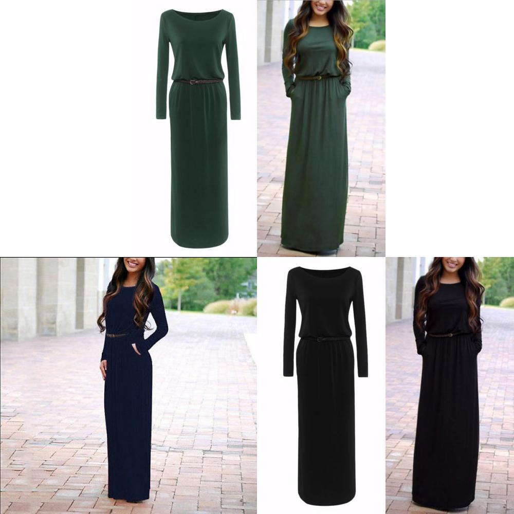 Fashion Casual Women Long Sleeve Belted Party Evening Cocktail Long Dress Maxi